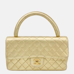 Chanel 1994 Classic Flap Kelly Top Handle Bag Medium Metallic Gold Lambskin Leather