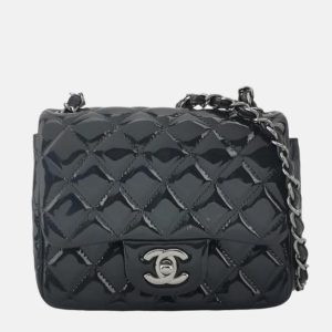Chanel Mini Square Classic Flap 2014 Navy Patent Leather Crossbody Bag