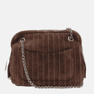 Chanel Mademoiselle Camera Bag Chocolate Brown Suede Silver Chain 2005-2006