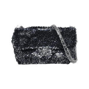 Chanel Paillette Flap Bag Rectangular Mini Glitter Sequins Navy and Silver