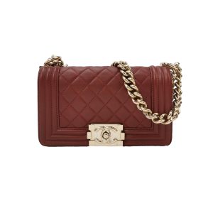 Chanel Le Boy Small Burgundy Lambskin Leather Antiqued Gold Hardware