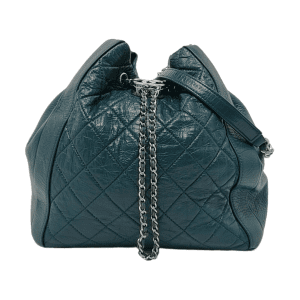 Chanel Gabrielle Drawstring Bucket Bag Medium Dark Green Calfskin Leather Silver Hardware