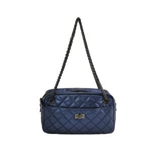 Chanel 2008 Metallic Aged Calfskin Quilted Small 2.55 Mademoiselle Camera Case Bag Blue