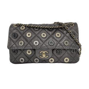 Chanel Paris-Dubai Jumbo Grey Perforated Lambskin Leather with Buttons Gold Hardware