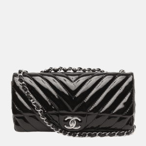 Chanel Baguette Flap Shoulder Bag Chevron Black Patent Leather Silver Double Chain