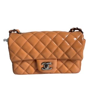 Chanel Classic Flap Rectangular Mini Coral Orange Patent Leather Silver HW