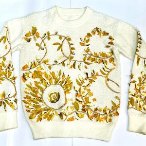 CHANEL 18C CC PARIS GREECE RUNWAY GOLD ECRU LOGO KNIT EMBELLISHED SWEATER