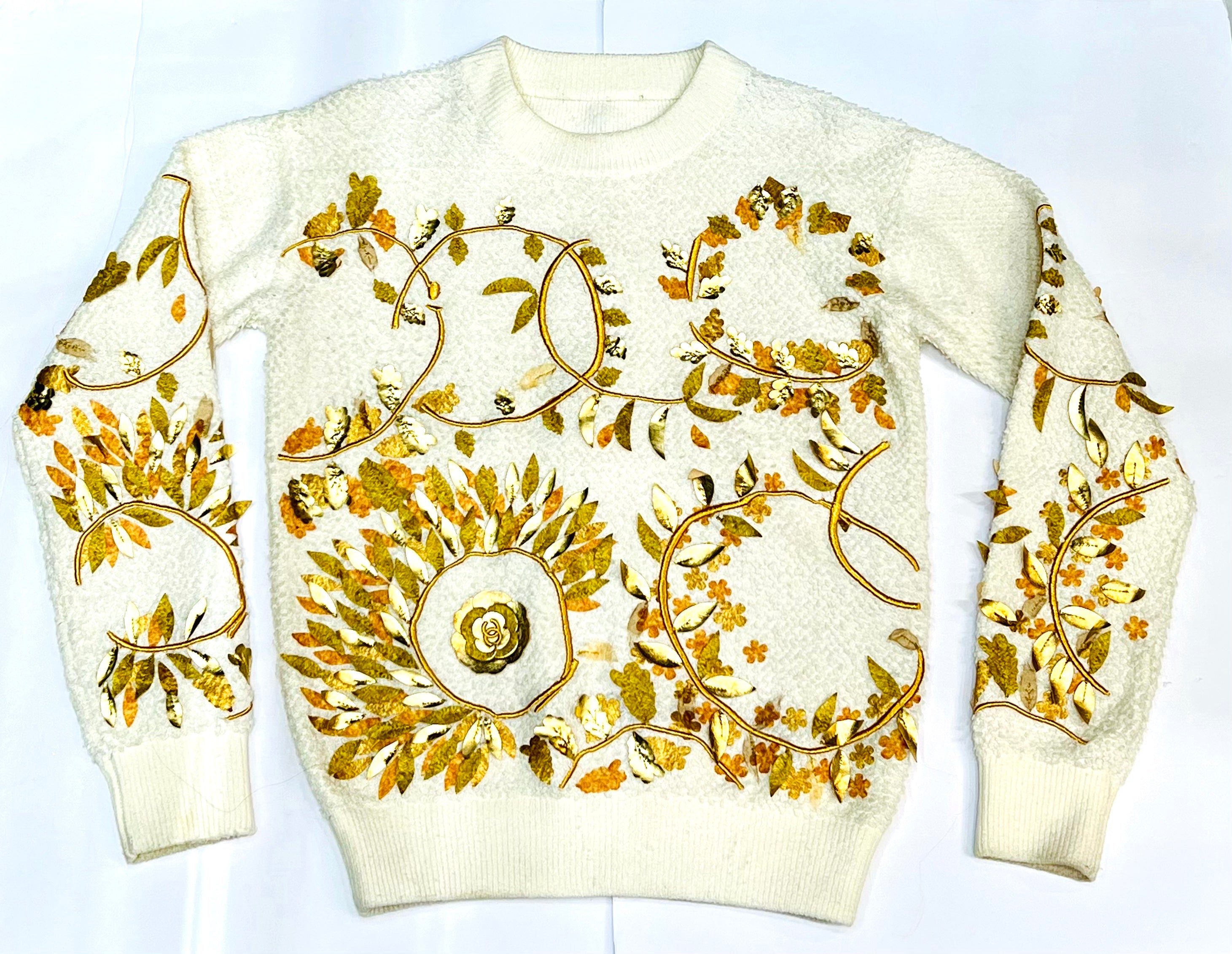 CHANEL 18C CC PARIS GREECE RUNWAY GOLD ECRU LOGO KNIT EMBELLISHED SWEATER