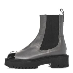 CHANEL CC CRUMPLED CALFSKIN PATENT CAP TOE CHELSEA BOOTS