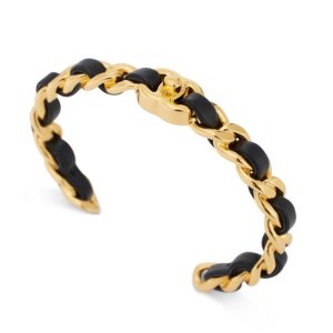 CHANEL BLACK & GOLD METAL AND LAMBSKIN CLASSIC CC TURNLOCK CUFF BRACELET