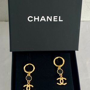 CHANEL GOLD TONE BLACK ENAMEL DANGLE EARRINGS