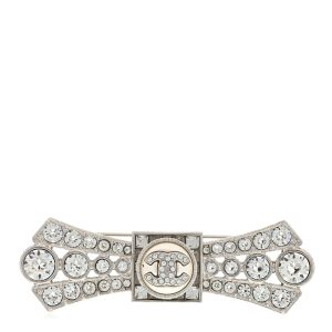 CHANEL CC LOGO CRYSTAL BOW BROOCH HAIR PIN