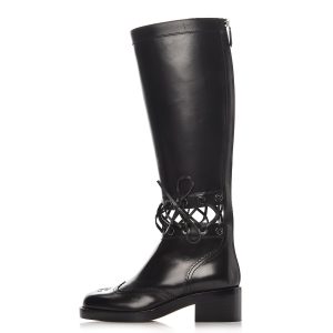 CHANEL CC CALFSKIN CROSS STITCH CUT OUT KNEE HIGH BOOTS