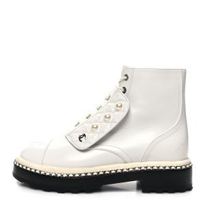CHANEL CRAKLED CALFSKIN LEATHER PEARL CHAIN CC COMBAT BOOTS