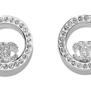 CHANEL CC CRYSTAL ROUND SILVER STUD EARRINGS