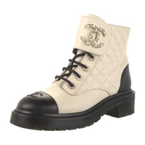 CHANEL QUILTED GOATSKIN CALFSKIN LACE-UP COMBAT BOOTS