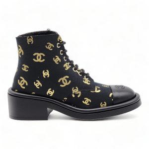 CHANEL LAMBSKIN CANVAS CC LACE-UP BOOTS
