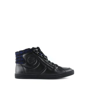 CHANEL LAMBSKIN LEATHER TWEED ZIPPED HI-TOP SNEAKERS