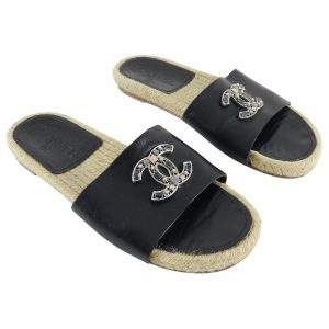 CHANEL CC LEATHER JEWELED ESPADRILLES MULES