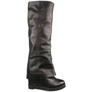 CHANEL LEATHER FOLD OVER KNEE HIGH CAP TOE CHAIN WEDGE HEEL BOOTS
