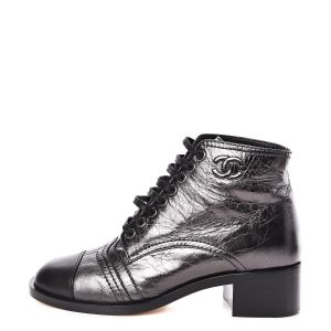 CHANEL CC METALLIC LACE UP COMBAT BOOTS