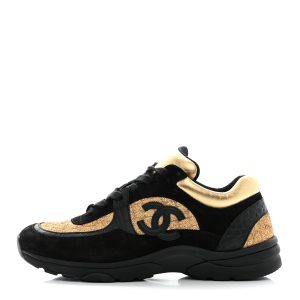 CHANEL CC  METALLIC SUEDE CALFSKIN MIXED FABRIC SNEAKERS