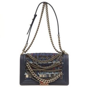 CHANEL NAVY BOUCLE TWEED DECHAINED CHAIN BOY FLAP BAG