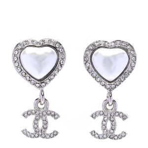 CHANEL PEARL CRYSTAL CC HEART DROP EARRINGS