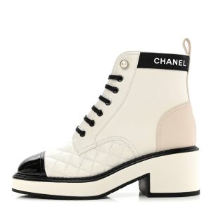 CHANEL PEARLY CALFSKIN QUILTED LACE-UP BOOTS