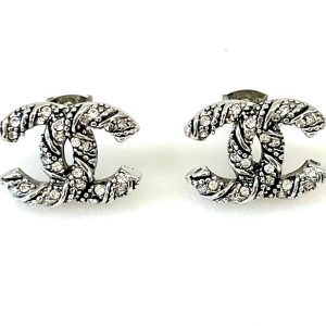 CHANEL CC SILVER TONE CRYSTAL EARRINGS