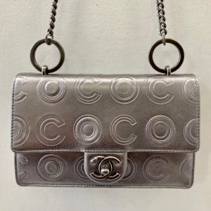 CHANEL METALLIC SILVER CALFSKIN COCO EMBOSSED SHOULDER BAG