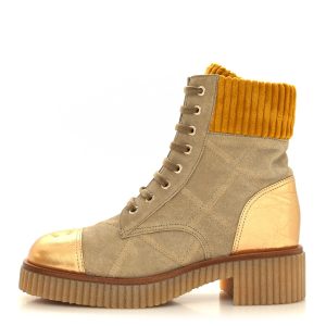 CHANEL QUILTED SUEDE CALFSKIN VELVET LAMINATED CC COMBAT BOOTS