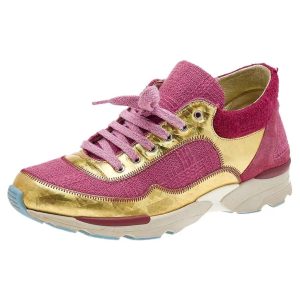 CHANEL PINK GOLD TWEED & FABRIC CC SNEAKERS