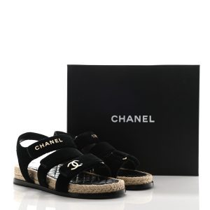 CHANEL CC VELVET LAMBSKIN FLAT SANDALS