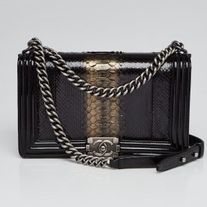 CHANEL PYTHON AND PATENT LEATHER MEDIUM BOY BAG