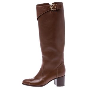 CHANEL CC LEATHER CAP TOE BLOCK HEEL KNEE HIGH RIDING BOOTS