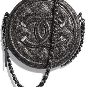 CHANEL CC CAVIAR LEATHER FILIGREE ROUND CHAIN CLUTCH BAG