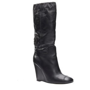 CHANEL CC CRYSTAL EMBELLISHED LAMBSKIN LEATHER WEDGE HEEL BOOTS