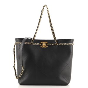 CHANEL CC Lock Chain Handle Small Shopping Tote Quilted Calfskin