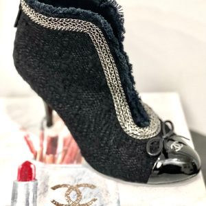 CHANEL CC TWEED CHAIN EMBELLISHED ANKLE BOOTIES
