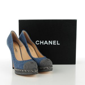 CHANEL Denim Chain Around Cap Toe Platform Pumps
