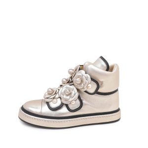 CHANEL CC CAMELLIA METALLIC CHAMPAGNE LAMBSKIN SNEAKERS