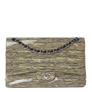 CHANEL Patent Calfskin Striped Jumbo Double Flap