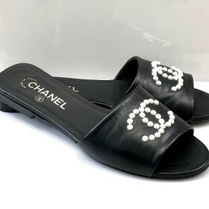 CHANEL CC FAUX PEARL LAMBSKIN SLIDE SANDALS