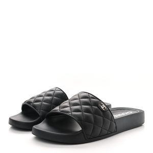 CHANEL INTERLOCKING CC LOGO LAMBSKIN LEATHER SLIDES