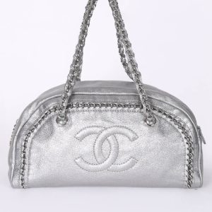 CHANEL LUXE LIGNE METALLIC SILVER LEATHER BOWLER BAG