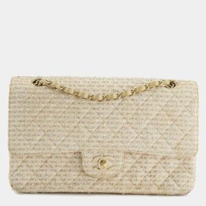 CHANEL CLASSIC DOUBLE FLAP TWEED IVORY GOLD CHAMPAGNE GOLD HARDWARE-HS