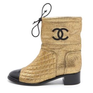 CHANEL CC QUILTED METALLIC GOLD LEATHER ANKLE BOOTS