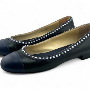 CHANEL LAMBSKIN SATIN PEARL CC CAP TOE BALLET FLATS