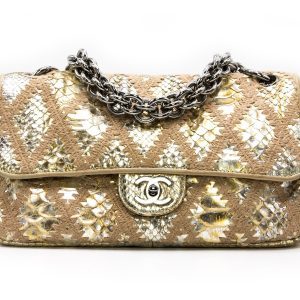 CHANEL METALLIC GOLD PYTHIN CROCHET FLAP BAG